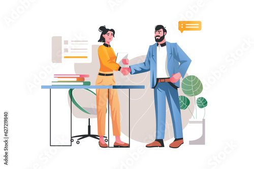 Business deal concept with people scene in the flat cartoon style. Colleagues solve important issues regarding joint work. Vector illustration.