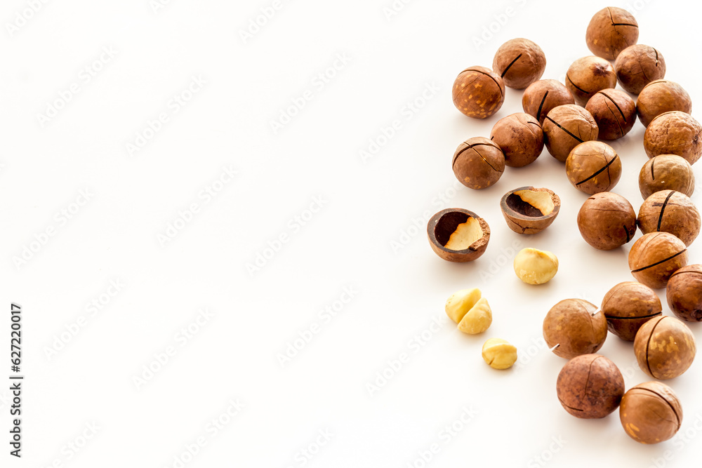 Raw macadamia nuts food. Healthy protein snack background Raw macadamia nuts food. Healthy protein snack background
