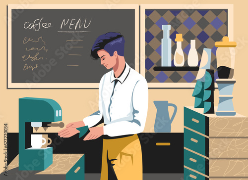 Lady in apron prepare hot chocolate in coffee machine. Modern work for students. Process of making tasty drink. Colorful flat vector illustration in cartoon style in blue colors