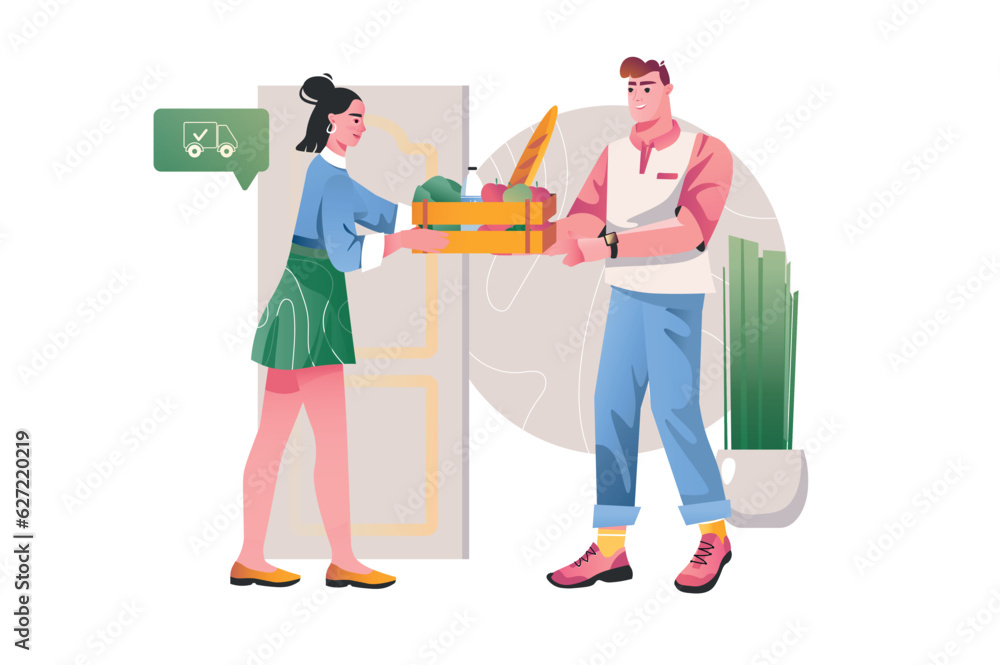 Delivery concept with people scene in the flat cartoon style. The courier delivered a box with products to the girl's apartment. Vector illustration. Delivery concept with people scene in the flat cartoon style. The courier delivered a box with products to the girl's apartment. Vector illustration.