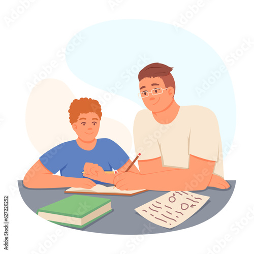 Young parent sitting near son, helping to write in notebook, do homework. Studying in school, learn and develop. Homework concept. Vector flat illustration in cartoon style