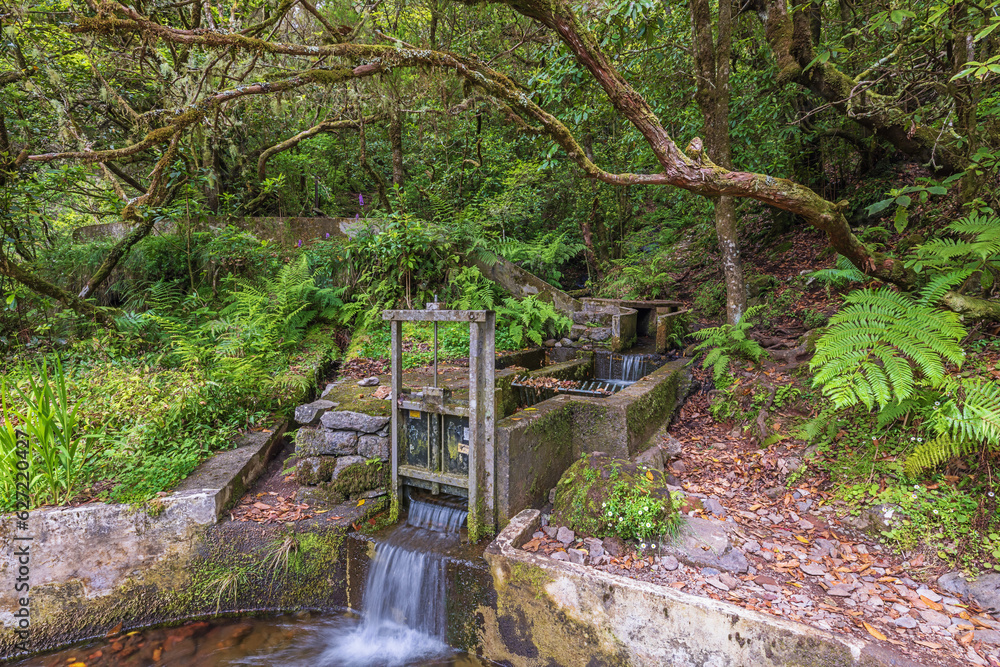 Water regulation on the Levada do Furado one of the oldest levadas on the island Water regulation on the Levada do Furado one of the oldest levadas on the island