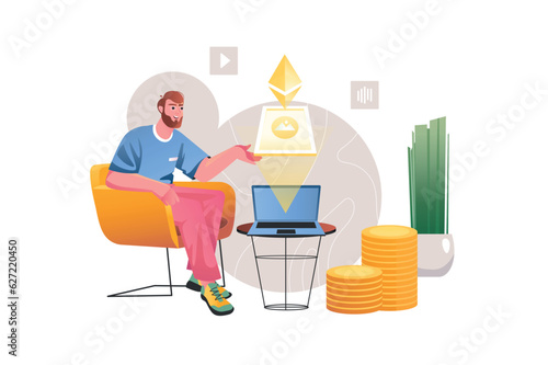 NFT concept with people scene in the flat cartoon style. A man earns money with the help of NFT business. Vector illustration.