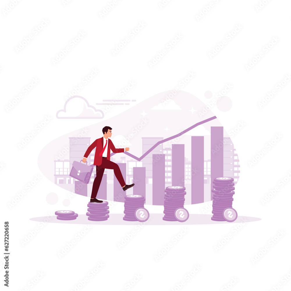 businessman walking on coins piled into the ladder with a graph. Finance, profit, capital banking, and investment concept. Trend Modern vector flat illustration businessman walking on coins piled into the ladder with a graph. Finance, profit, capital banking, and investment concept. Trend Modern vector flat illustration