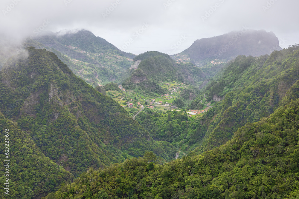 View from the belvedere of the Levada dos Balcoes with the many peaks of Madeira