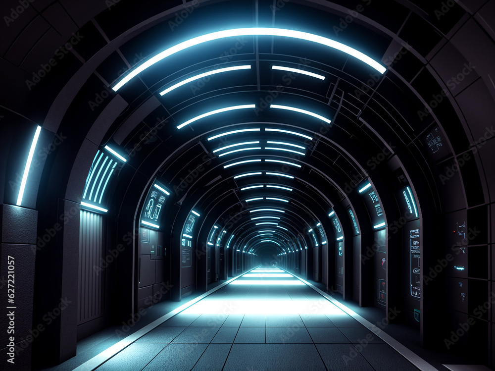 cyberpunk tunnel with neon lights, Generative AI