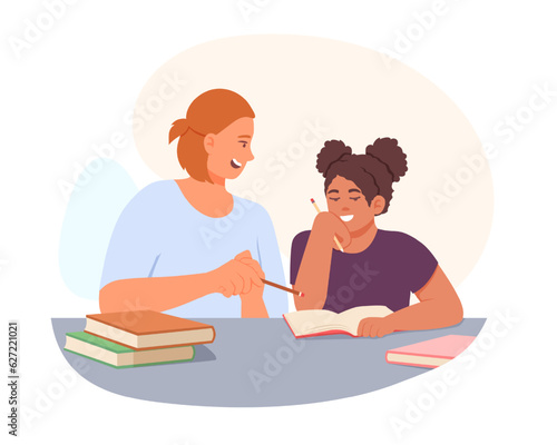 Mother sitting near girl, holding pencil and helping to learn and do homework. Studying in school, learn and develop. Vector flat illustration in cartoon style