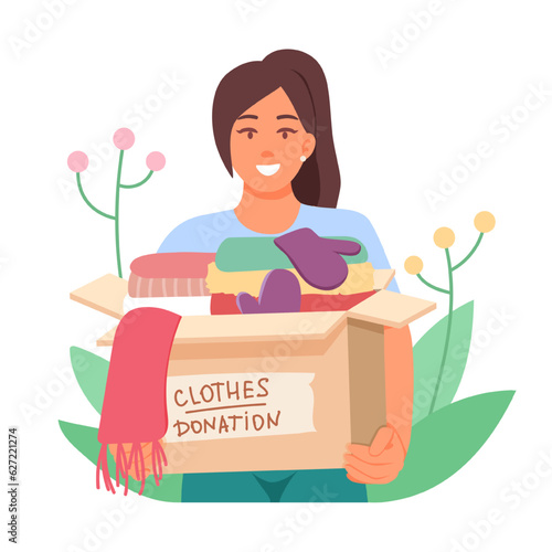 Smiling female holding box with clothes donation. Help and care for people in need with different clothes. Flat vector illustration in green colors in cartoon style