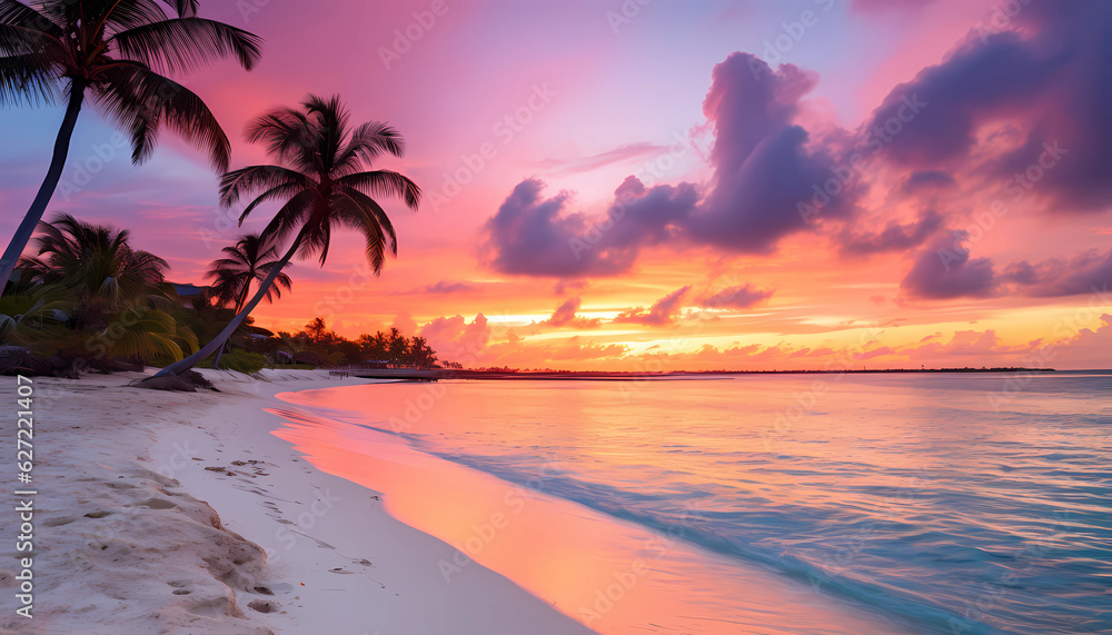 sandy beach with palm trees at sunrise in the Bahamas made with Generative AI