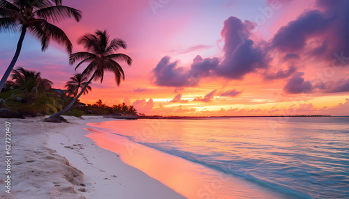 sandy beach with palm trees at sunrise in the Bahamas made with Generative AI © Annuitti