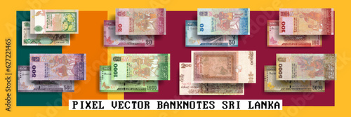 Vector pixel mosaic set of Sri Lanka banknotes. Notes in denominations of 10, 20, 50, 100, 500, 1000, 2000 and 5000 Sri Lankan rupees. Flyers or play money.