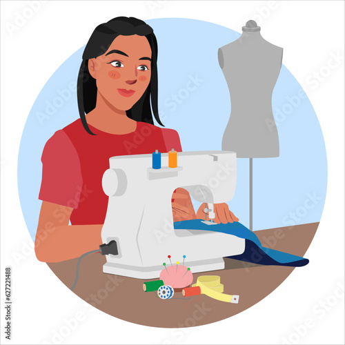 A young woman sits working on sewing machine with a mannequin background