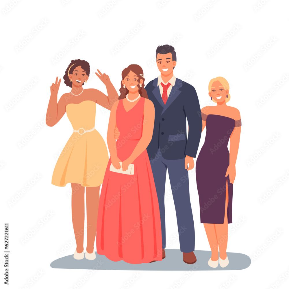 Fototapeta premium Portrait of beautiful young group of people in dresses and suit. Celebrate birthday or graduation concept. Party with friends. Colorful flat vector illustration in cartoon style