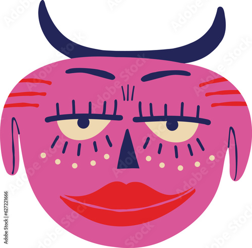 Vibrant bright Strange lovely Halloween Demon. Character with devil face.
