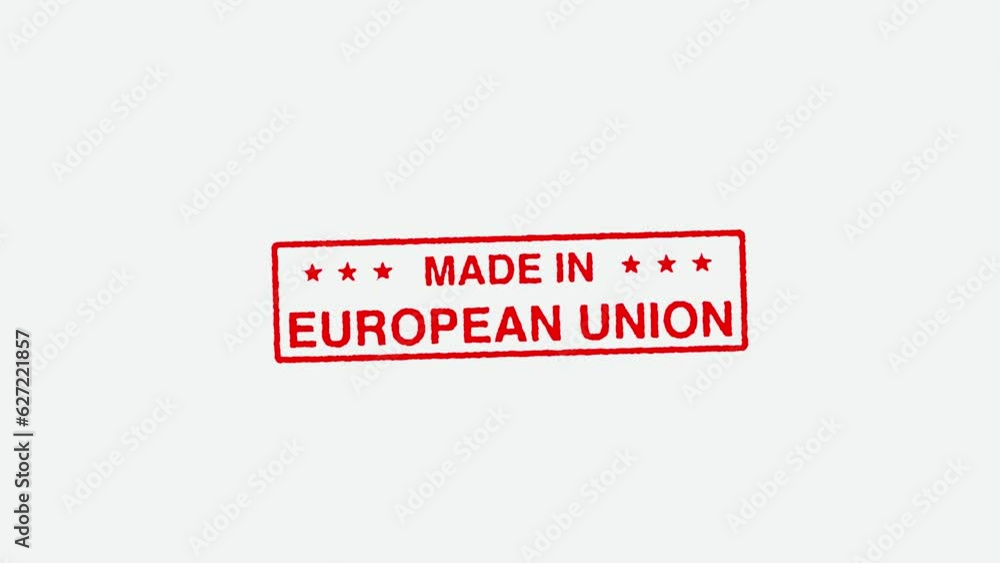 Close Up Real Hand Stamping Made In EU European Union Stamp on White Background Close Up Real Hand Stamping Made In EU European Union Stamp on White Background