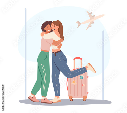 Female friends hugging, happy to see each other. People waiting for transport outside. Tourists meet after long trip. Flat vector illustration in cartoon style