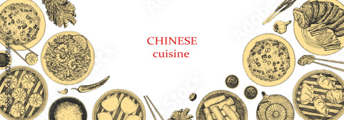 Chinese Restaurant Menu. Hand-drawn illustration of dishes and products. Ink. Vector