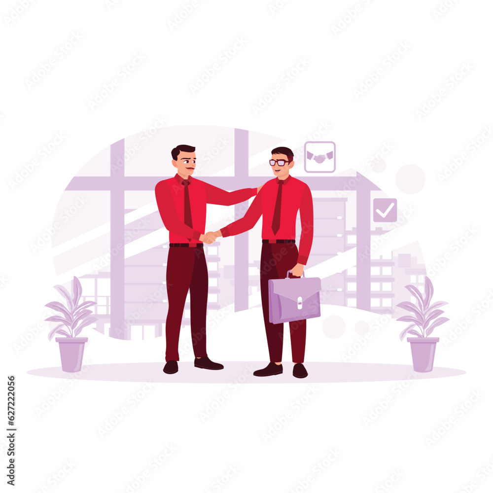 two businesspeople are shaking hands, agreeing to buy and sell real estate. Meetings, visions, investments for profit. Trend Modern vector flat illustration two businesspeople are shaking hands, agreeing to buy and sell real estate. Meetings, visions, investments for profit. Trend Modern vector flat illustration