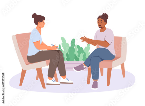 Female doctor talking with American man. Emotional support and consultation for man. Multicultural patients listening medical worker. Vector flat illustration in cartoon style