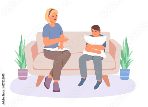 Psychologist talking to boy, helping and advising. Emotional support and consultation for child. Patient listening medical worker. Vector flat illustration in cartoon style