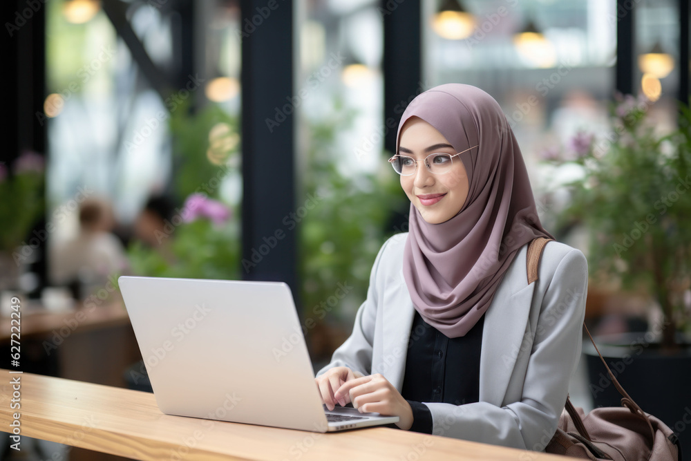 Portrait of smiling businesswoman in hijab working on the laptop Portrait of smiling businesswoman in hijab working on the laptop