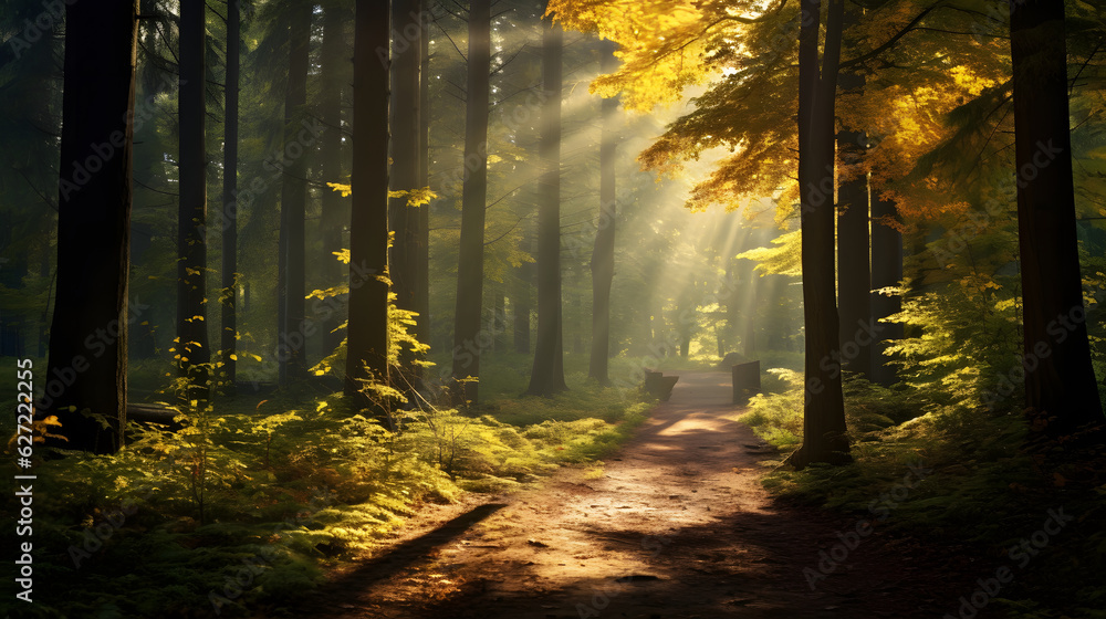 beautiful forest with sunlight through the trees
