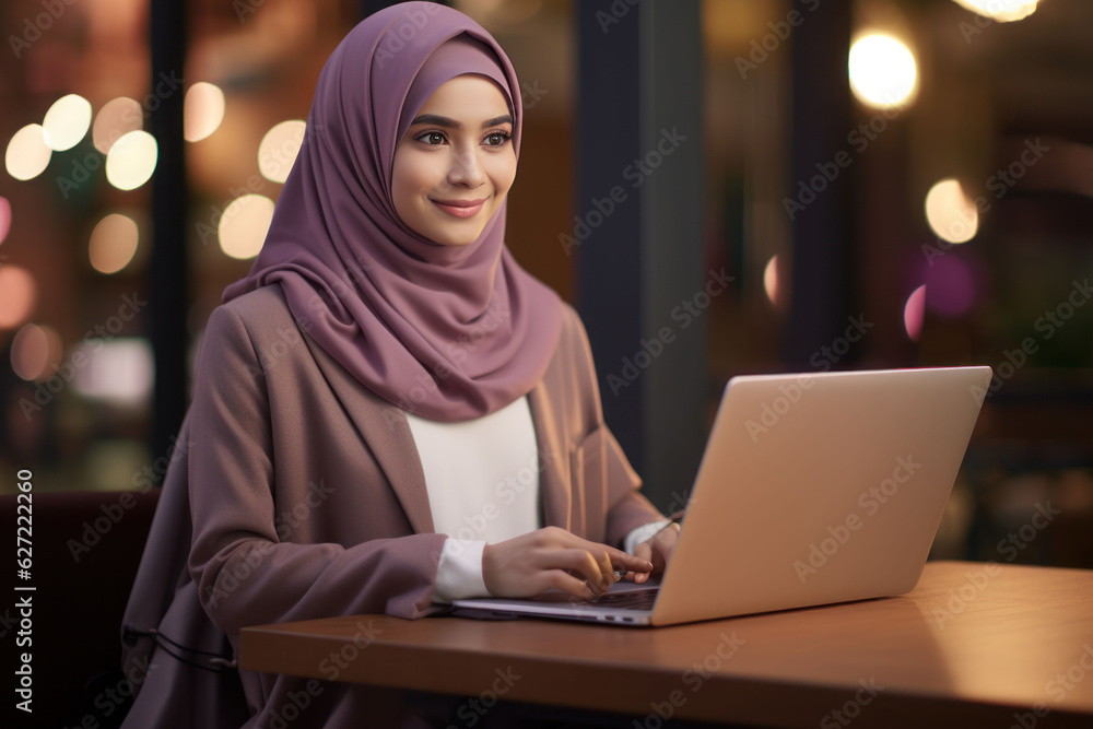 Portrait of smiling businesswoman in hijab working on the laptop Portrait of smiling businesswoman in hijab working on the laptop