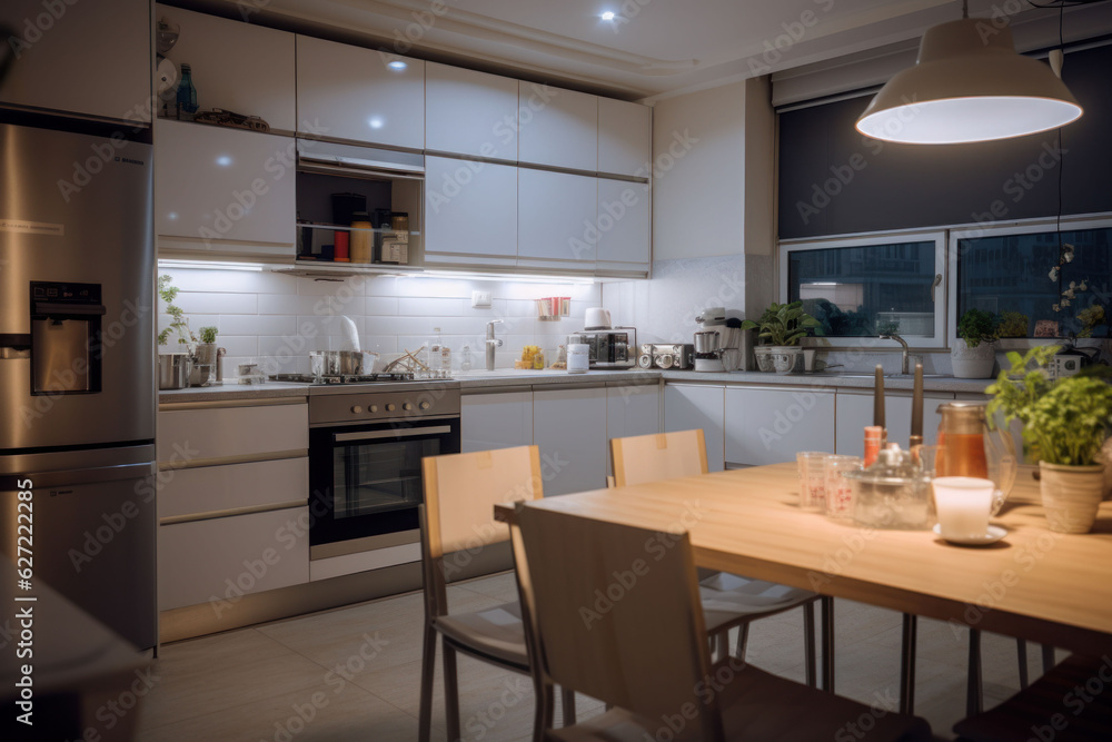 The table wooden in the kitchen interior white modern