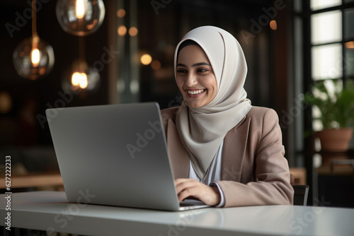 Portrait of smiling businesswoman in hijab working on the laptop