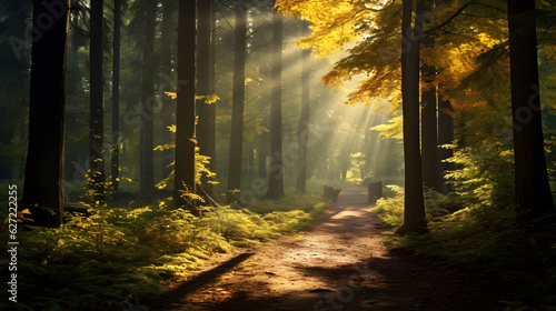 beautiful forest with sunlight through the trees