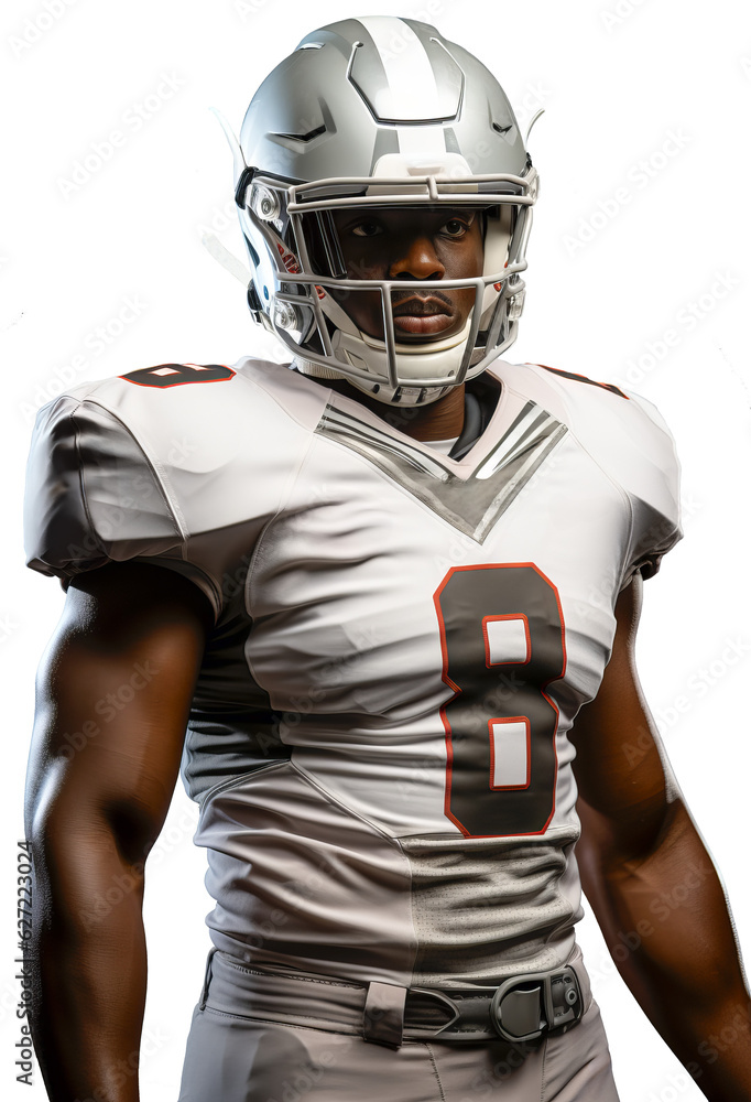 A black American football player in a white and gray uniform and helmet. Isolated on transparent background