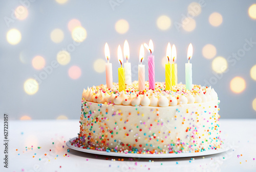  Birthday cake decorated with colorful sprinkles and candles on  light pastel background