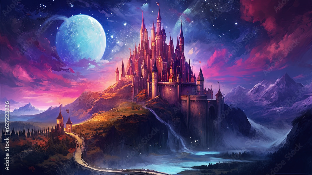 Fototapeta premium Landscape with fantasy castle and moon. Illustration with magic castle kingdom cartoon background.