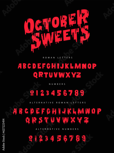 October Sweets is a unique font for Halloween, hand-drawn with blood stains. English alphabet and numbers with alternative spelling. Lettering. Latin alphabet.