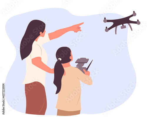 Drone technology. Mother and daughter flying piloting a drone isolated. Vector illustration scene