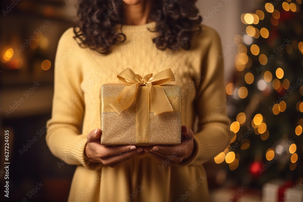 Stylish christmas gift in hands against christmas tree with lights. Woman in cozy sweater holding wrapped present with candy cane in festive room. Holiday banner, space for text, Generative AI Stylish christmas gift in hands against christmas tree with lights. Woman in cozy sweater holding wrapped present with candy cane in festive room. Holiday banner, space for text, Generative AI