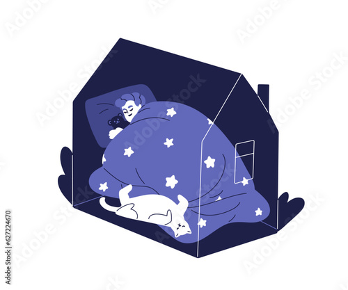 Kid sleeping in bed at home. Child and cat asleep, dreaming under duvet in bedroom. Sleepy person lying inside house, relaxing at night. Flat graphic vector illustration isolated on white background