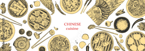 Chinese Restaurant Menu. Hand-drawn illustration of dishes and products. Ink. Vector