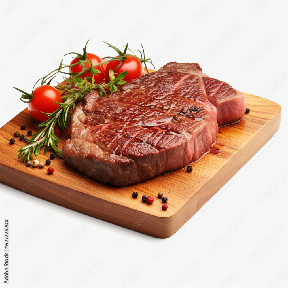 medium rare meat steak on a board with tomatoes on a white background, Al Generation