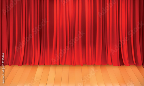 Red curtain  on the wooden floor in the dark room. Vector EPS-10