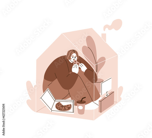Woman watching TV, eating food snack alone at home. Girl relaxing with pizza and television in house. Person resting, looking movie at at weekend. Flat vector illustration isolated on white background