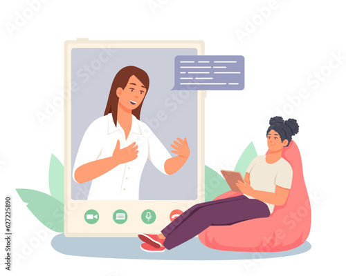 Young female holding tablet, sitting on armchair and talking with medical worker. Appointment with psychologist. Emotional support and online consultation. Vector flat illustration in cartoon style