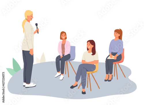 Speaker holding microphone and talking to females. Conference for different workers. Project presentation, collective meeting. Vector flat illustration in cartoon style