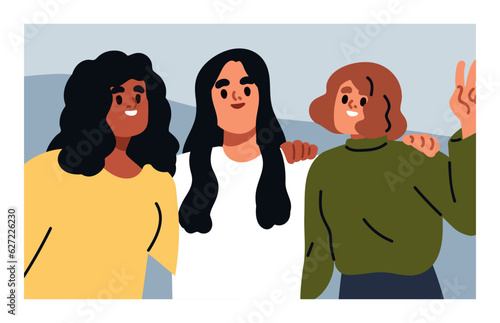 Happy young women portrait. Smiling cheerful girls group, selfie photo. Multi-ethnic friendly female friends hugging, embracing together. Girlfriends, besties unity. Flat vector illustration
