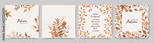 Autumn square backgrounds with watercolor leaves and flowers. Frame with Fall floral elements. Vector template for card, banner, invitation, social media post, poster, mobile apps, web ads