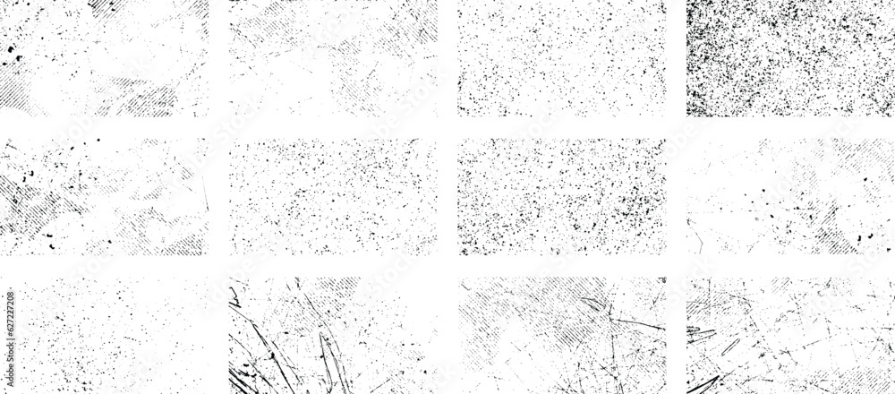 Overlay textures set stamp with grunge effect. Old damage Dirty grainy and scratches. Set of different distressed black grain texture. Distress overlay vector textures.	 - obrazy, fototapety, plakaty 