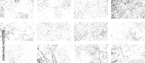 Overlay textures set stamp with grunge effect. Old damage Dirty grainy and scratches. Set of different distressed black grain texture. Distress overlay vector textures.	 photo