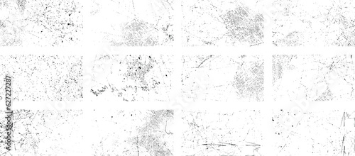 Overlay textures set stamp with grunge effect. Old damage Dirty grainy and scratches. Set of different distressed black grain texture. Distress overlay vector textures. 