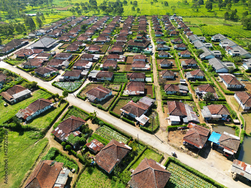 Aerial view of houses in the tea plantations area, located in Pangalengan, West Java, Indonesia 