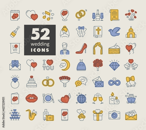 Wedding, marriage, bridal isolated vector icon set